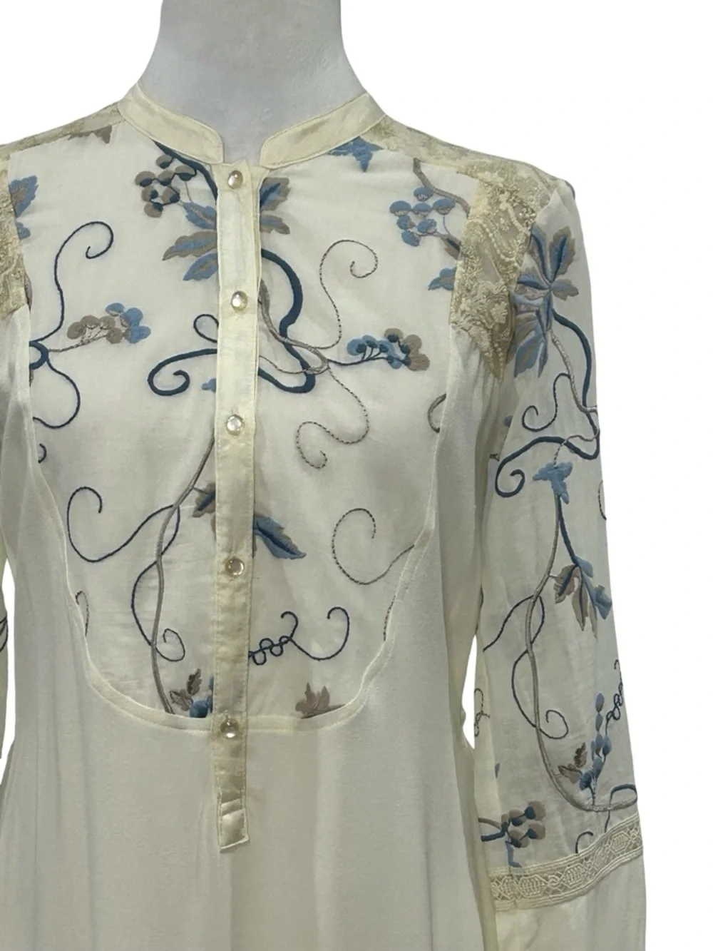 Tiny Ivory Boho Festival Shirt Dress Embroidered Lace XS S Country Cottagecore - Picture 5 of 16